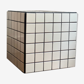 Checkerboard cube bedside table tiled white retro black tile