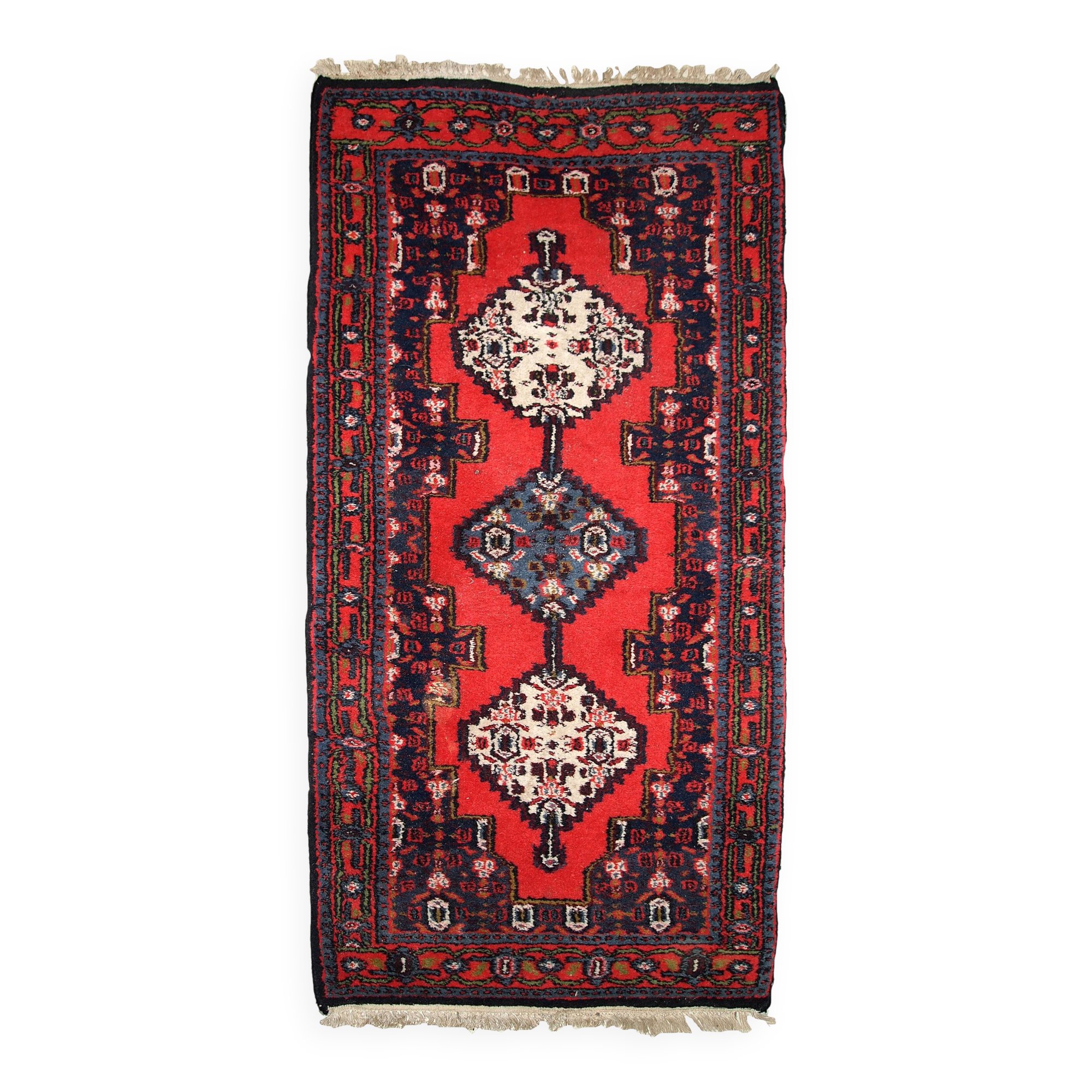 Tapis vintage fait main Hamadan en laine rouge vif (69cm x 136cm) – 1970s