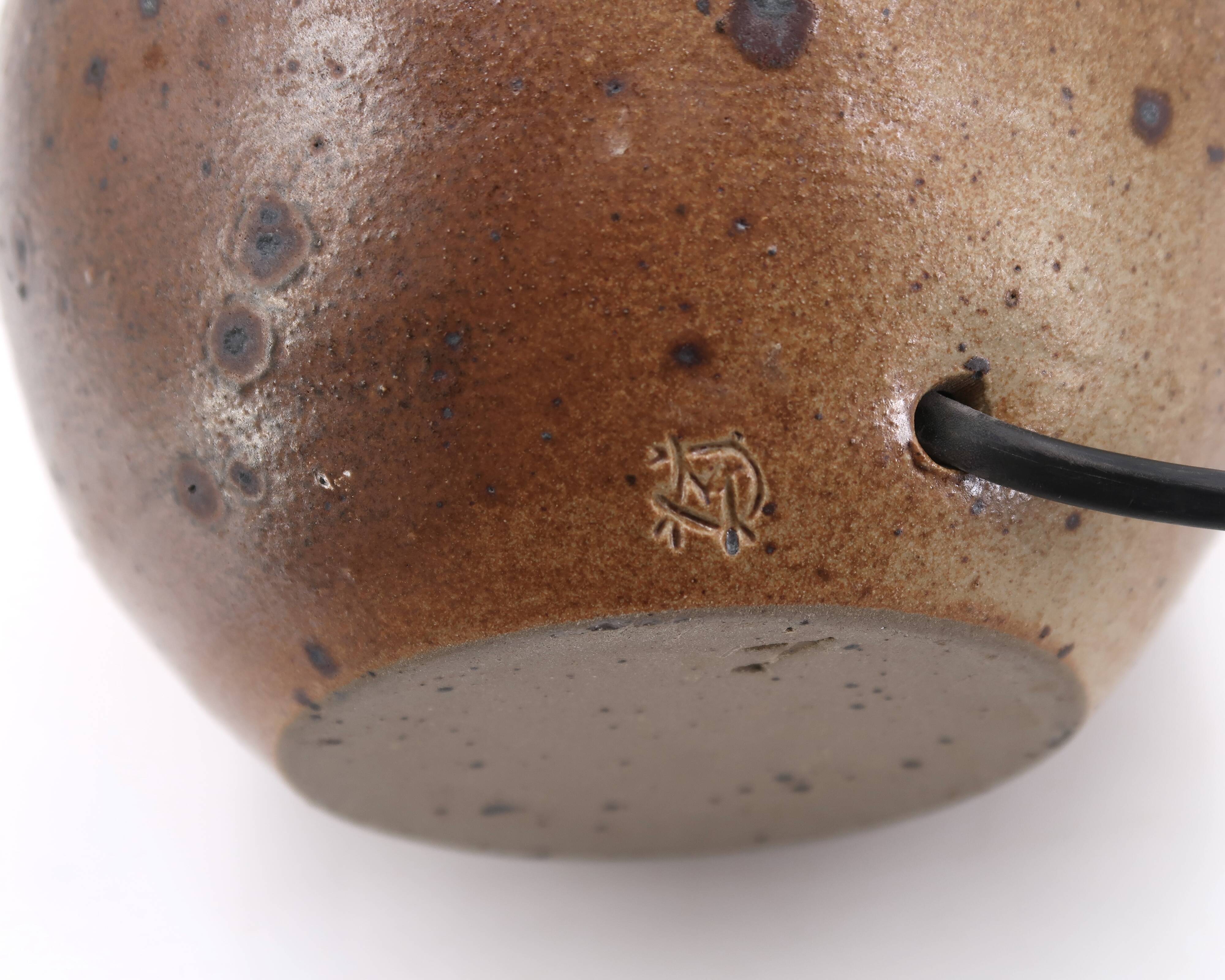 Stoneware lamp by Michel Dumont, green lampshade, 1970s