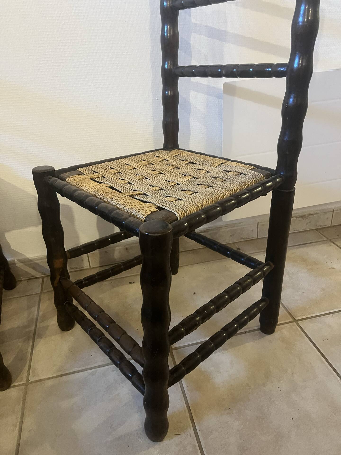 Set of 4 vintage chairs in the style of Charles Dudouyt, made of turned wood and upholstered.