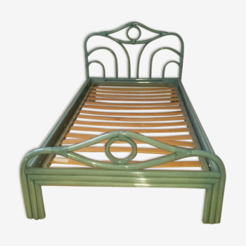 Bed rattan tinted green to water - 90 x 190 - year 1980