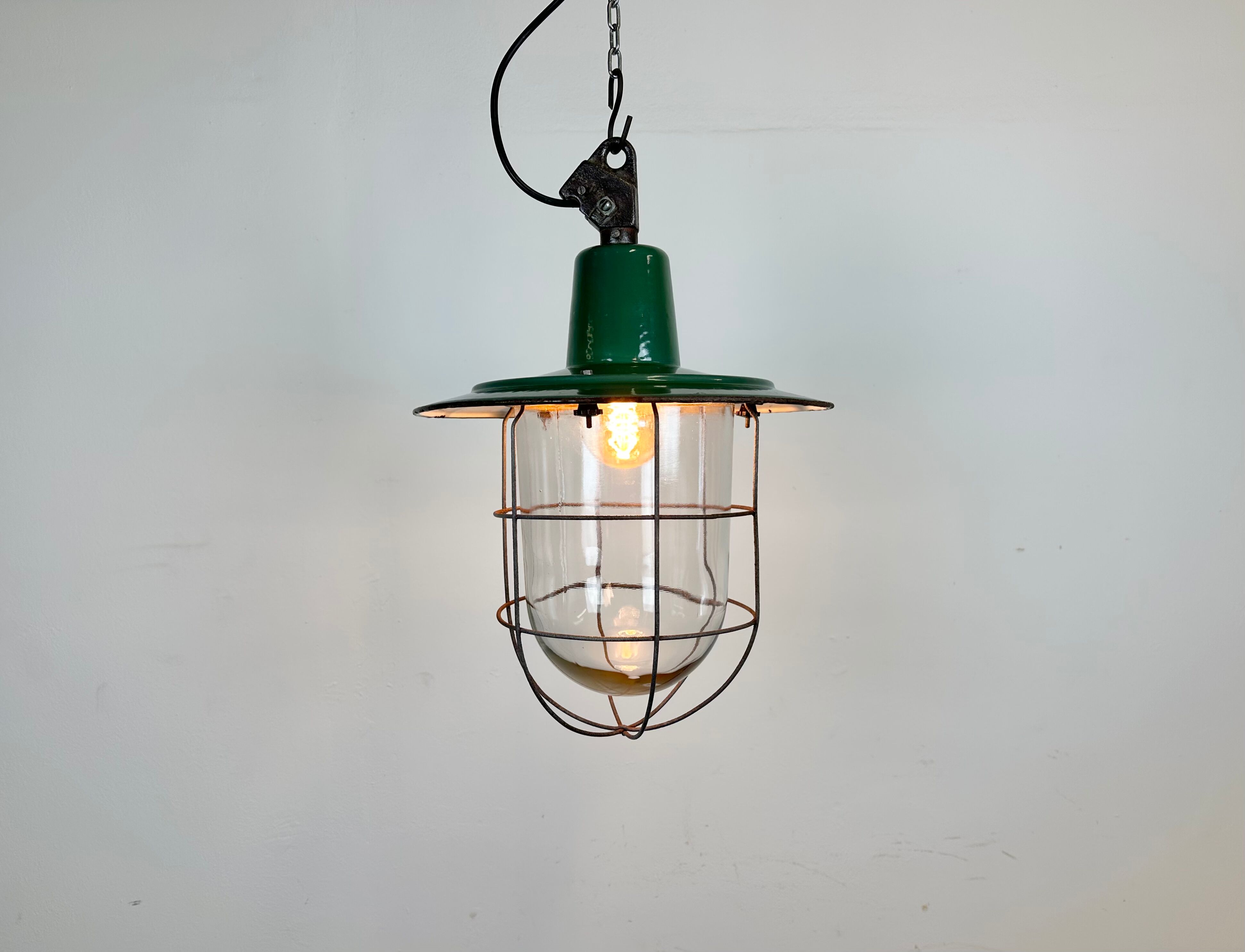 Green Enamel and Cast Iron Industrial Cage Pendant Light, 1960s