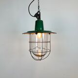 Green Enamel and Cast Iron Industrial Cage Pendant Light, 1960s