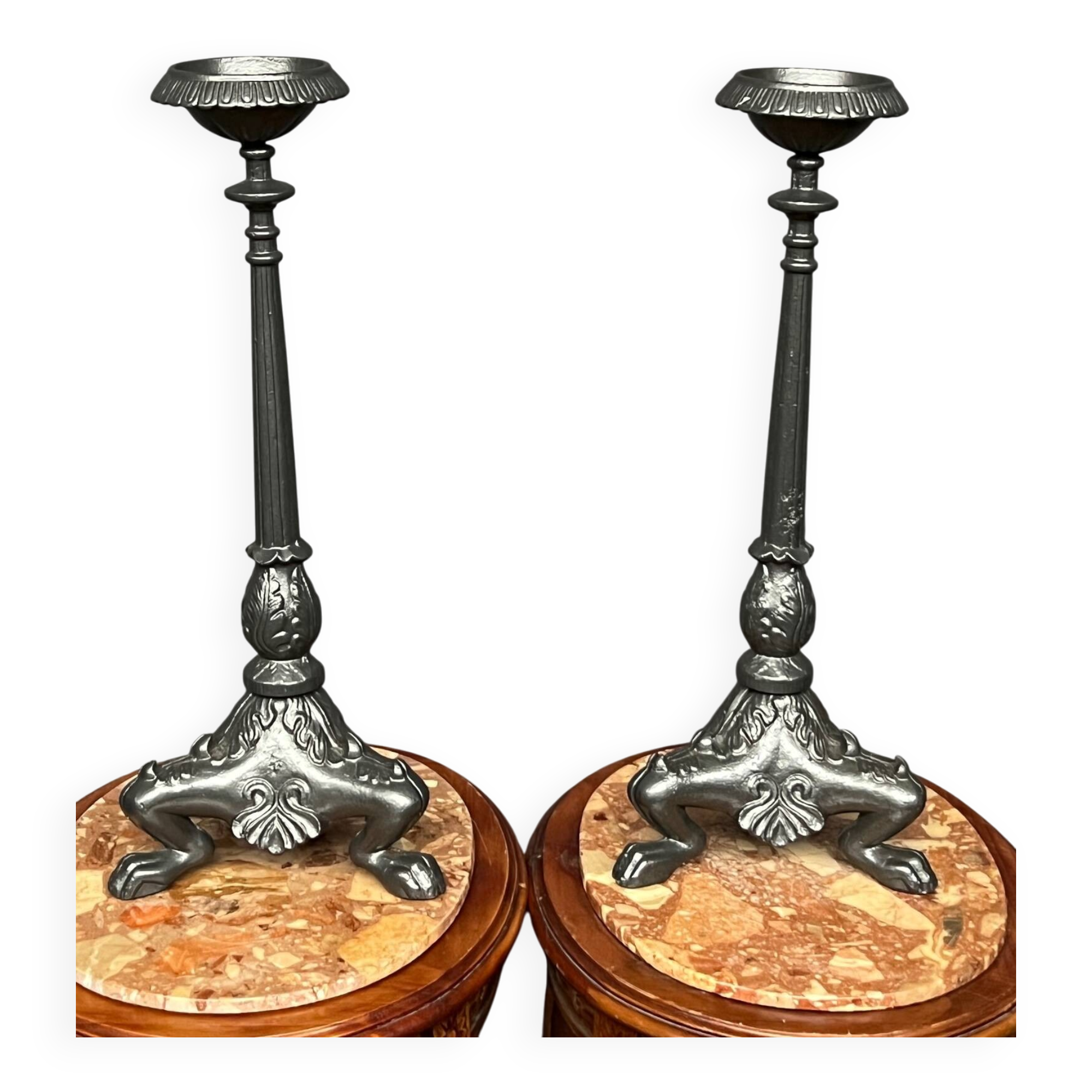 Pair of massive cast iron candlesticks in Renaissance style.