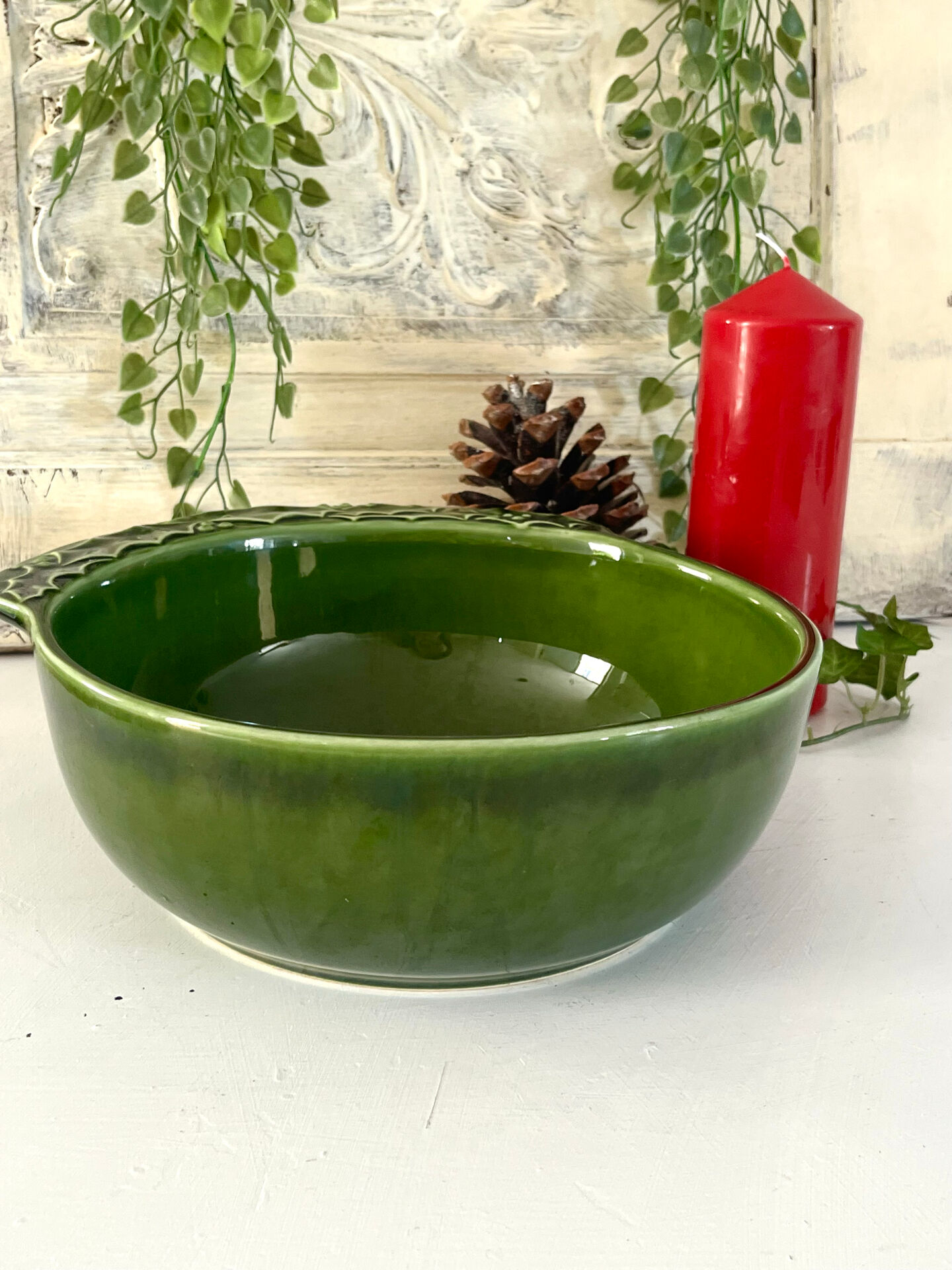 Christmas serving bowl, French BCI holly ceramic bowl, green glazed