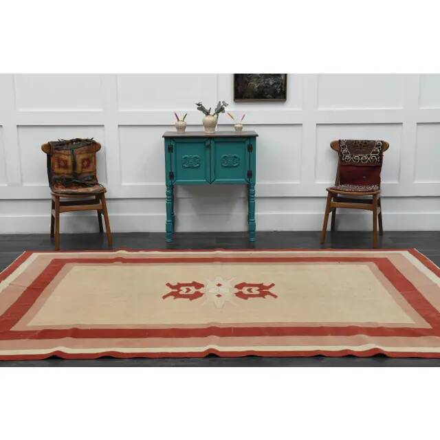 1970s Vintage Turkish Handmade Wool & Cotton Orange Area Rug 203x315