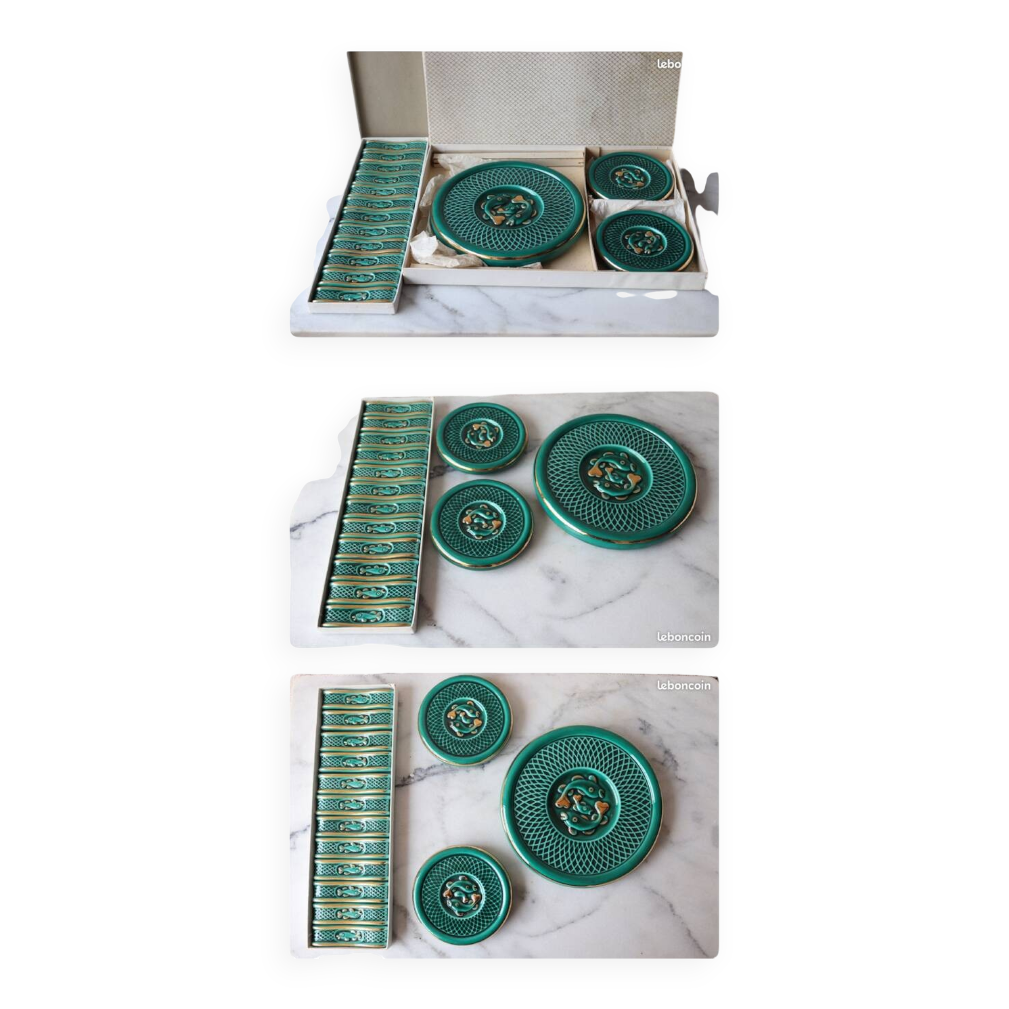 Set of trivets / bottle knife holder barbotine from the 1950s.
