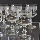 6 printed stem glasses for port/digestif in good condition.