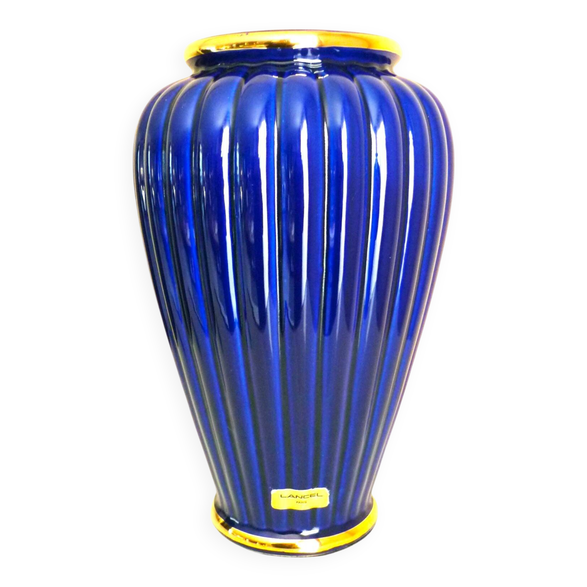 Vintage glazed ceramic vase, cobalt blue and gilt, Lancel Paris