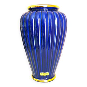 Vintage glazed ceramic vase, cobalt blue and gilt, Lancel Paris