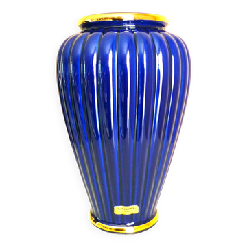 Vintage glazed ceramic vase, cobalt blue and gilt, Lancel Paris