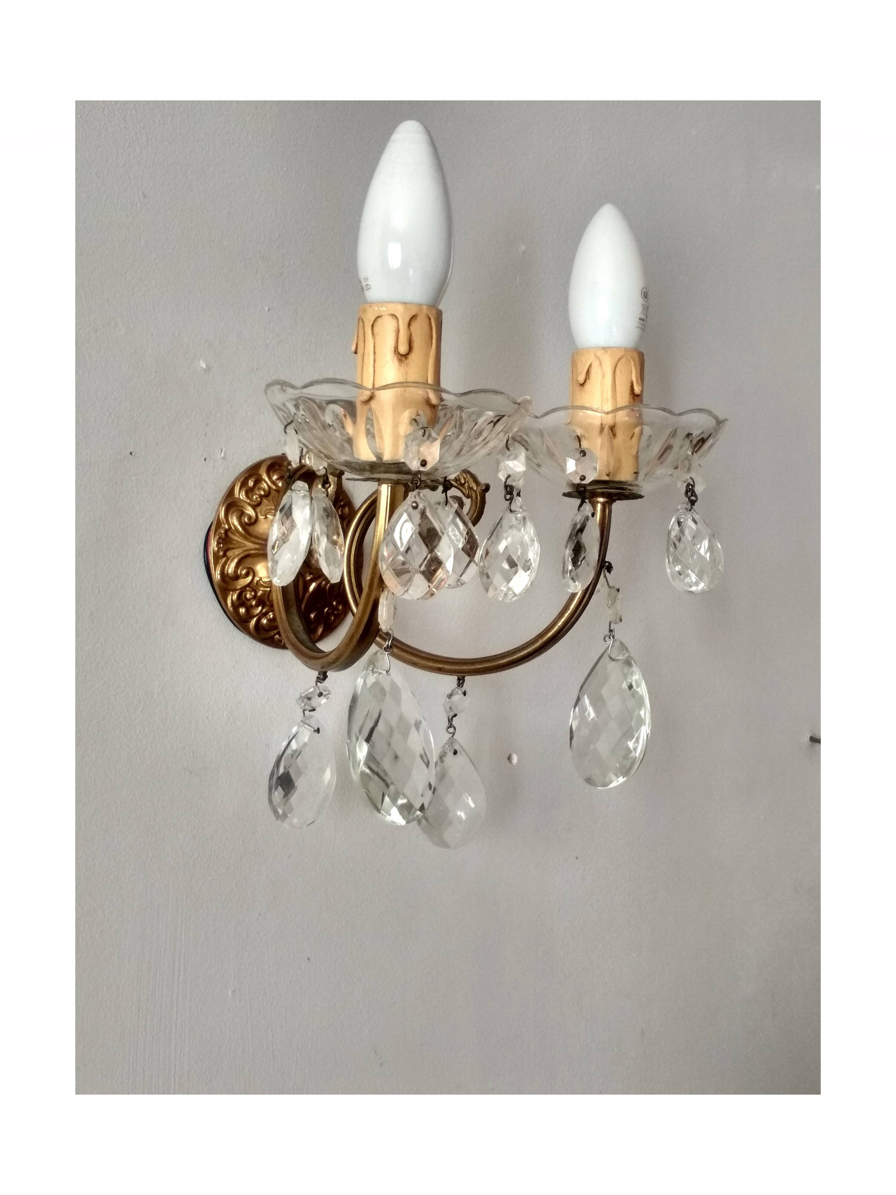 Golden brass wall light and crystal pendants - 2-light rococo light