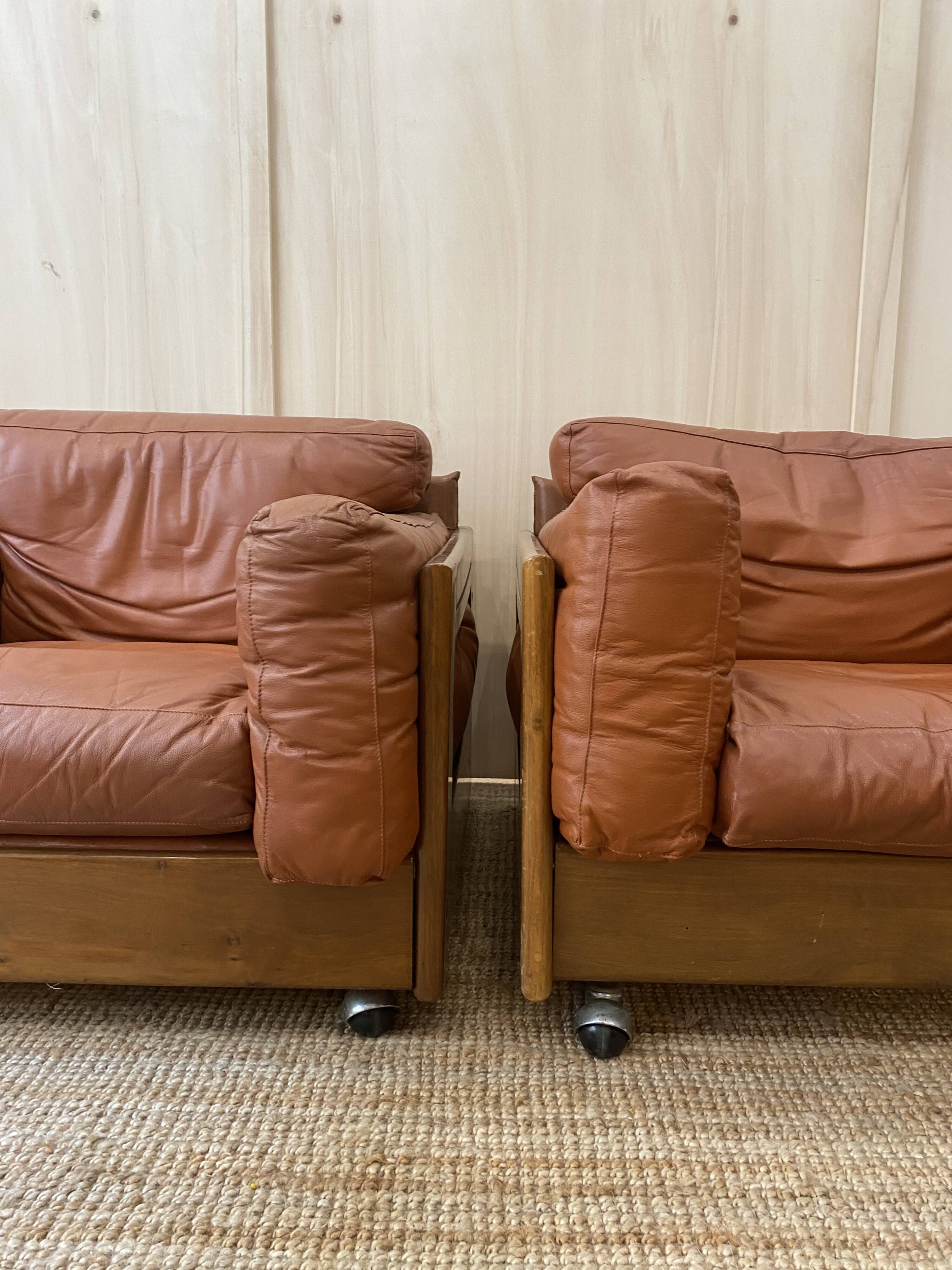 Pair of Cognac Leather Club Armchairs & Wood - Italian Design - 1970s