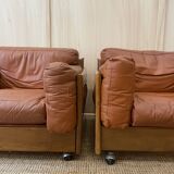 Pair of Cognac Leather Club Armchairs & Wood - Italian Design - 1970s
