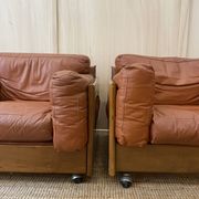 Pair of Cognac Leather Club Armchairs & Wood - Italian Design - 1970s