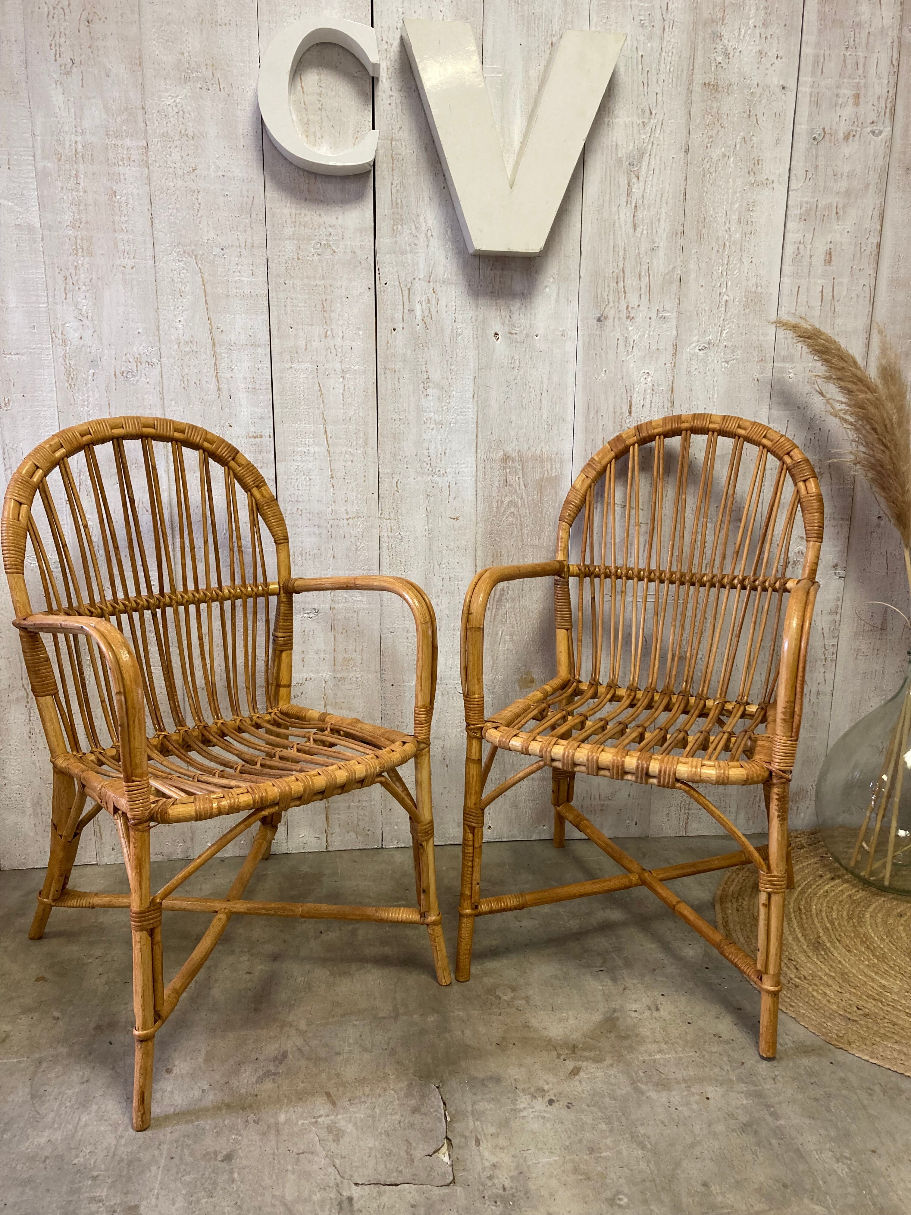 Série de 4 fauteuils rotin vintage