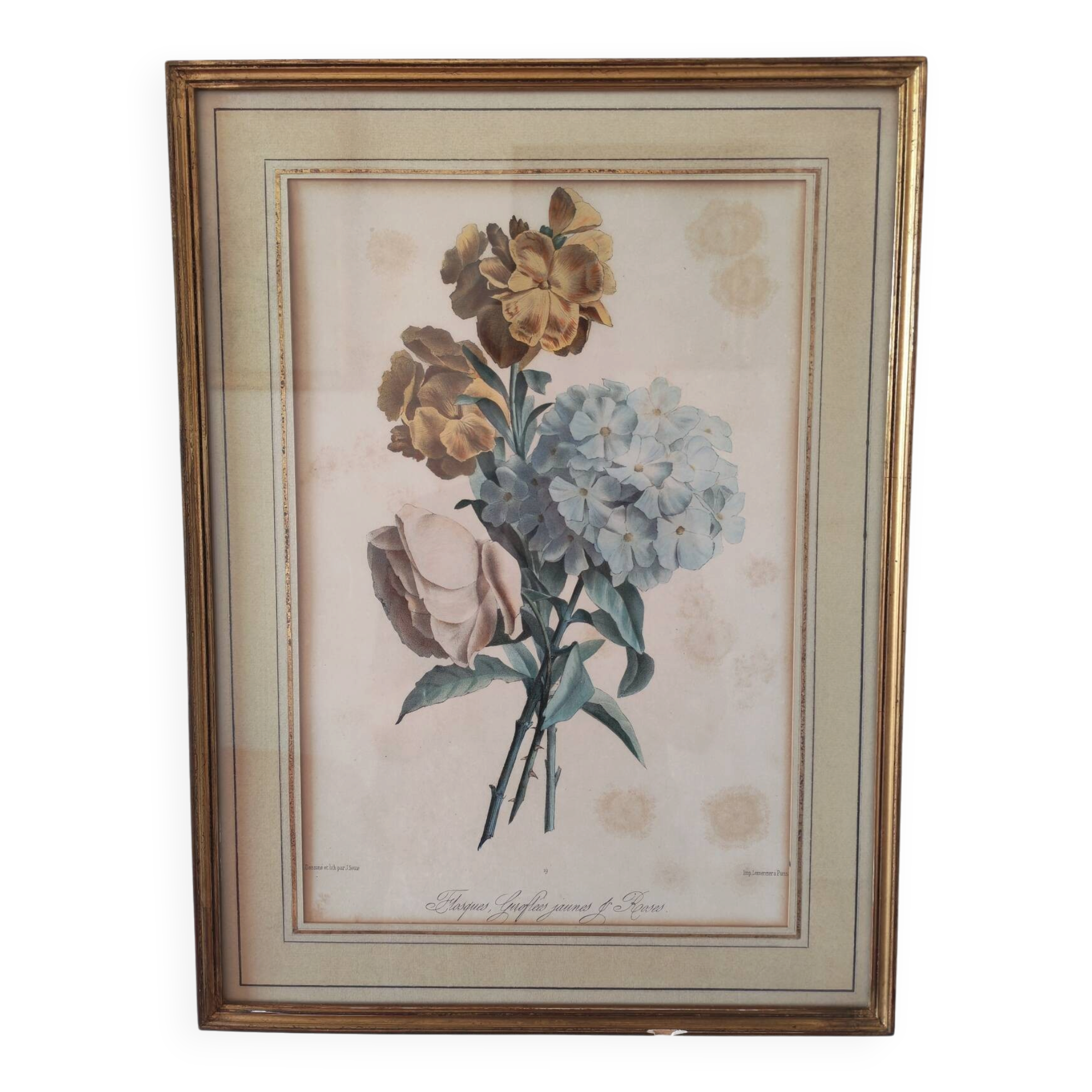 Gravure botanique XIX siècle bouquet de fleurs encadrement parisien