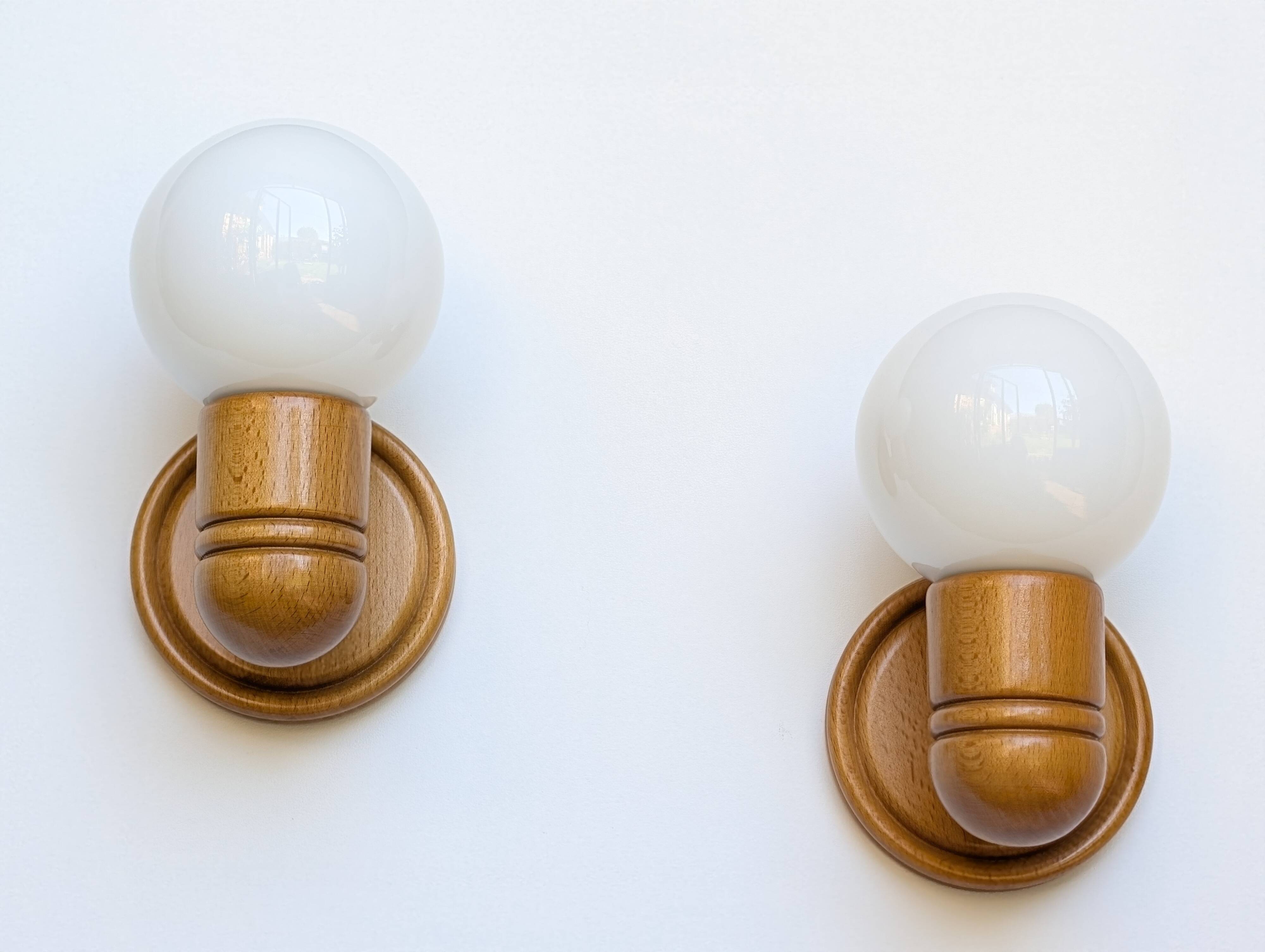 Pair of pine and opaline wall lights