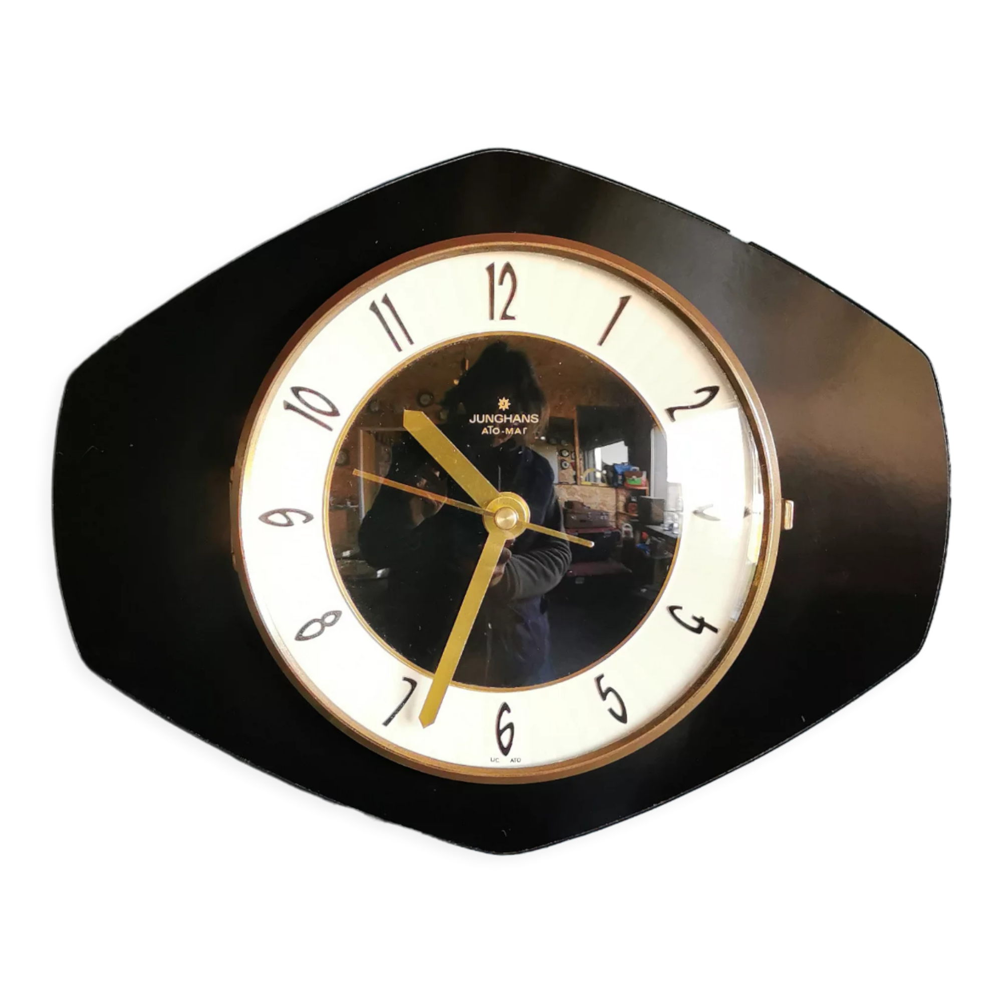Vintage formica clock silent wall clock "Junghans golden black"