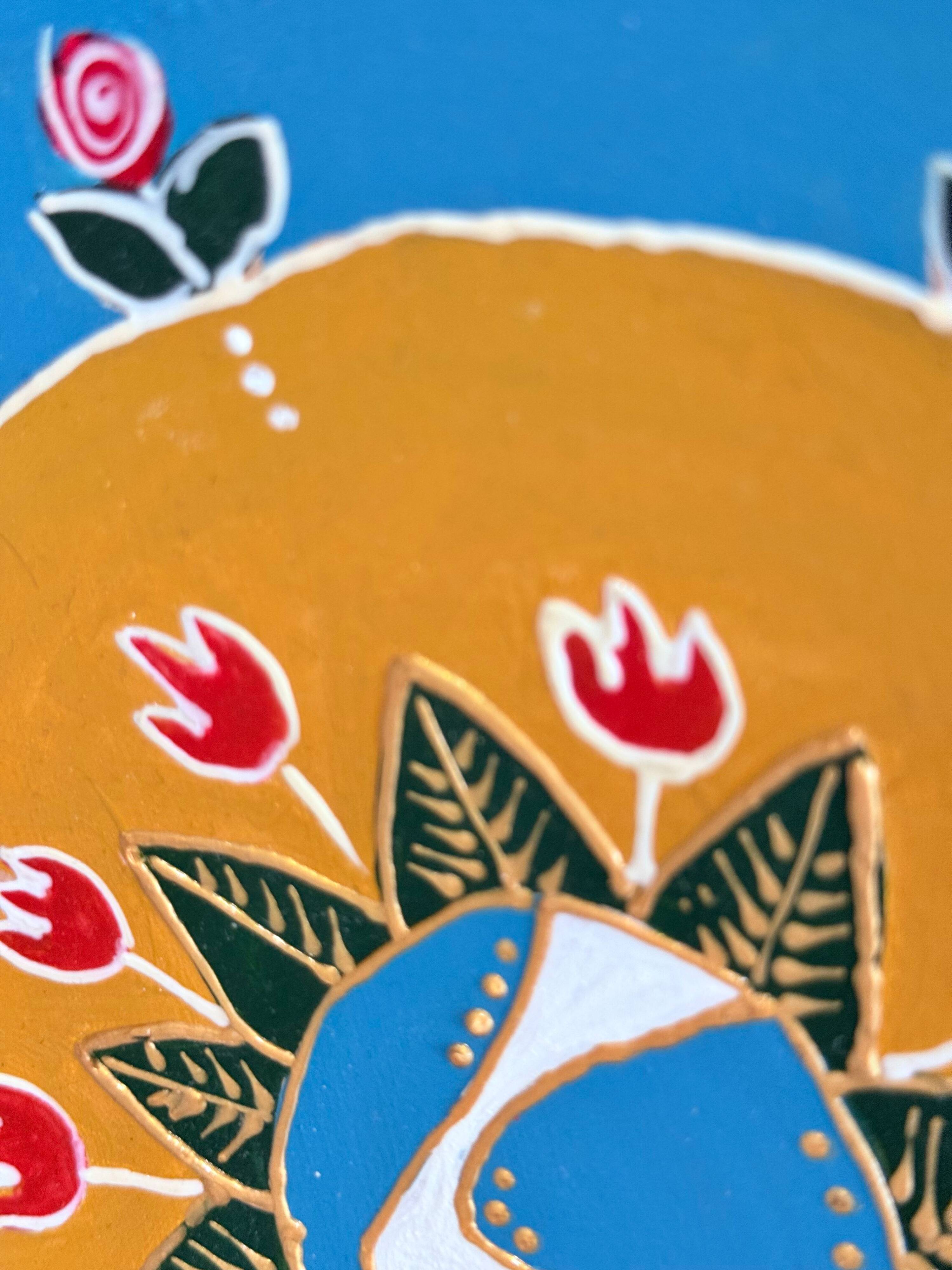 Hand-Painted Wall Decorative Ceramic Plate with Dove & Floral Folk Art Design