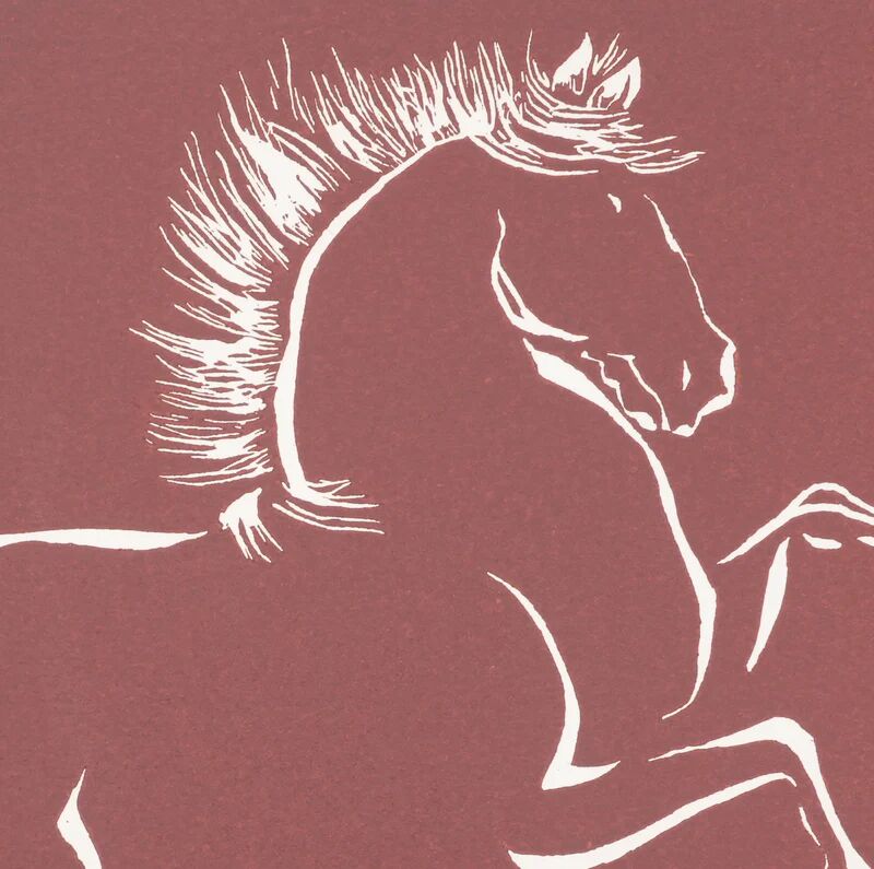 Mokuchu Urushibara : Estampe japonaise, cheval cabré (rouge), gravure sur bois signée