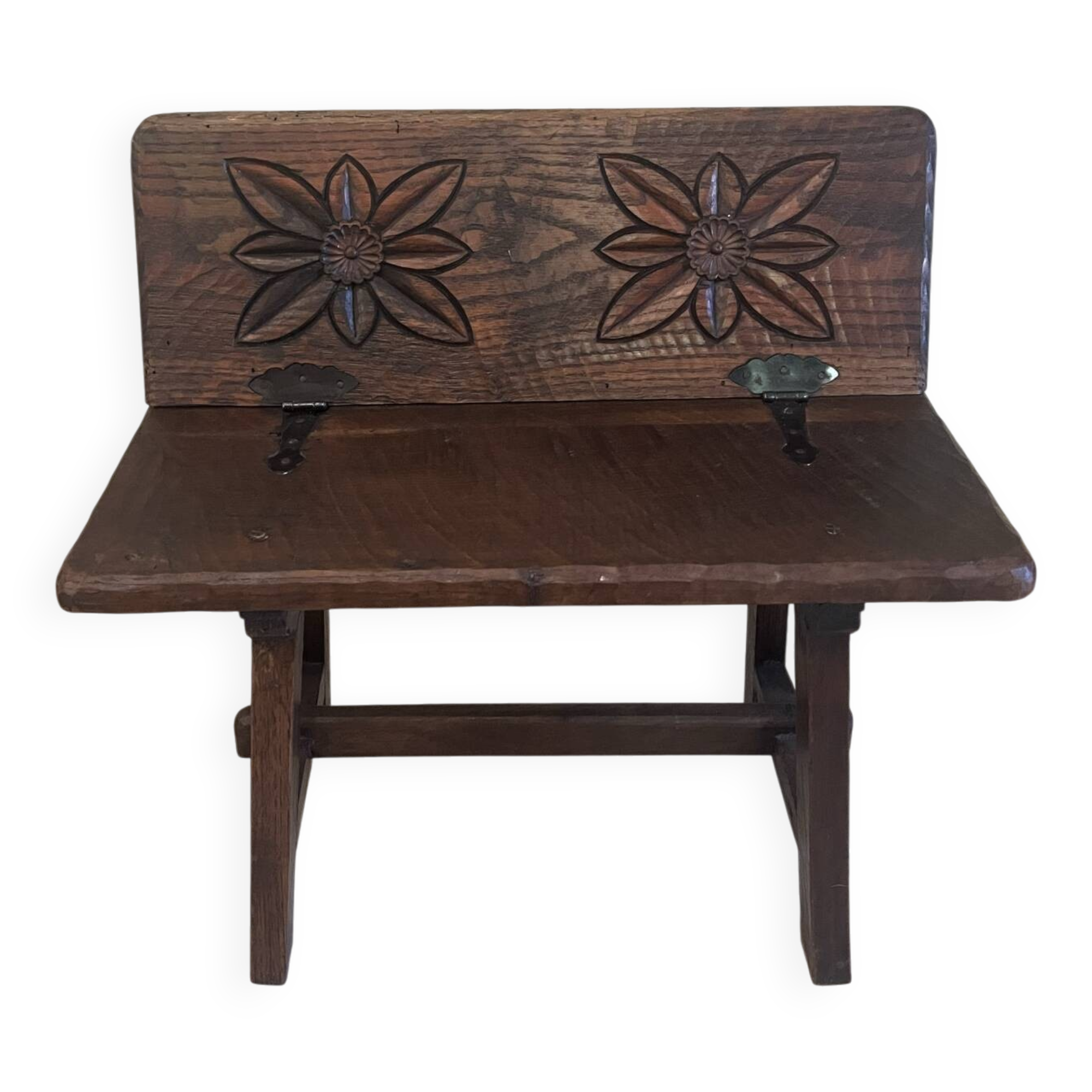 Small antique wooden bench with a folding backrest.