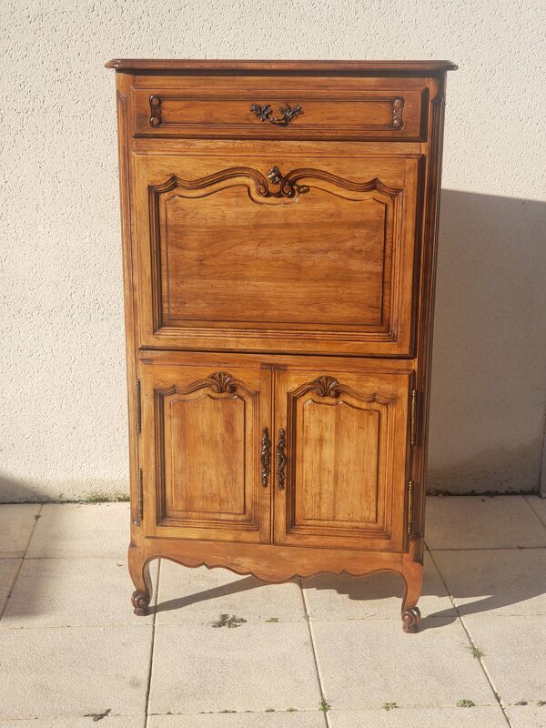 Secrétaire ancien scriban vintage en bois de noyer style Louis XV