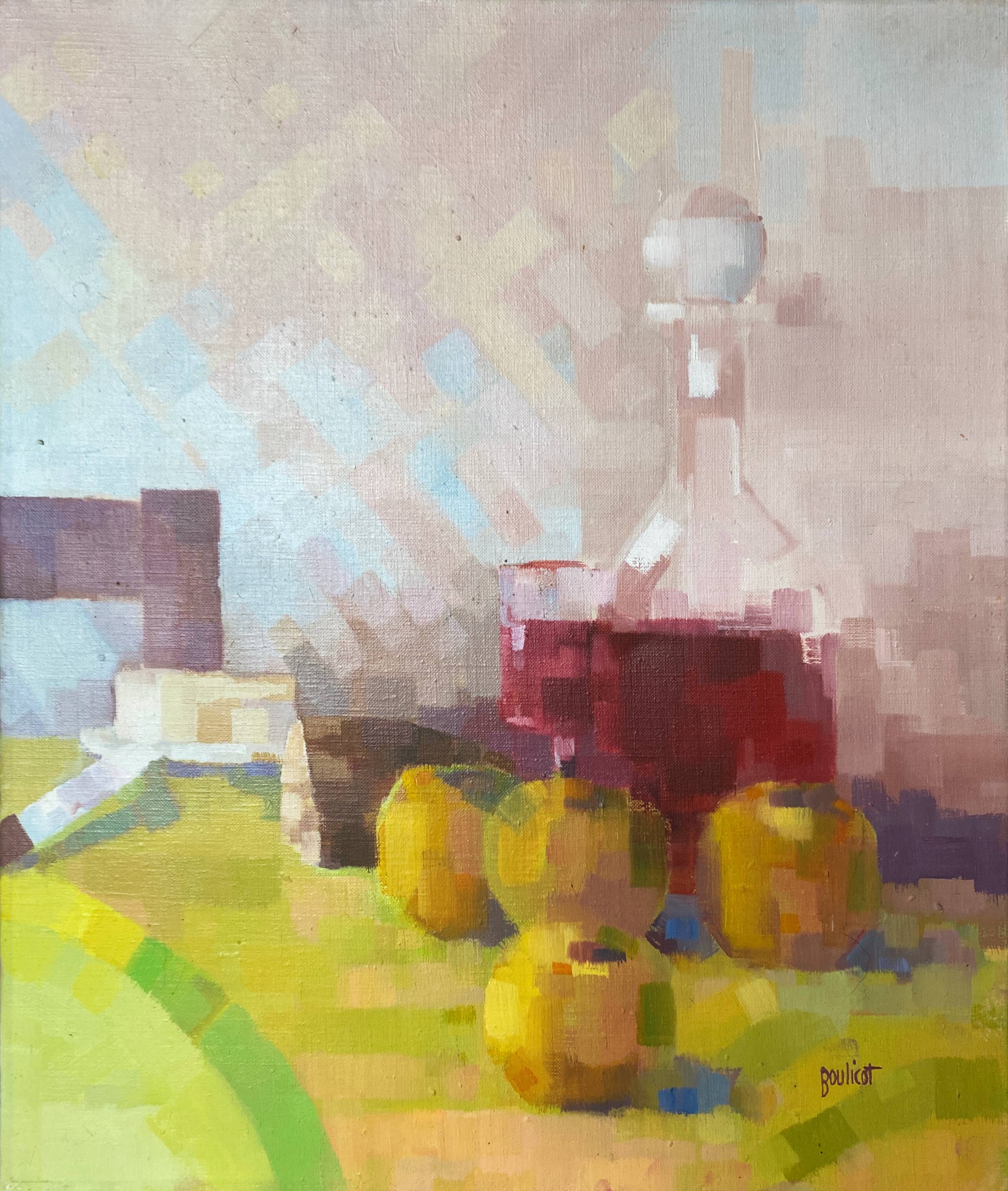 HST painting "Still life with pomes and carafe" signed Boulicot Modern Art (XX°)