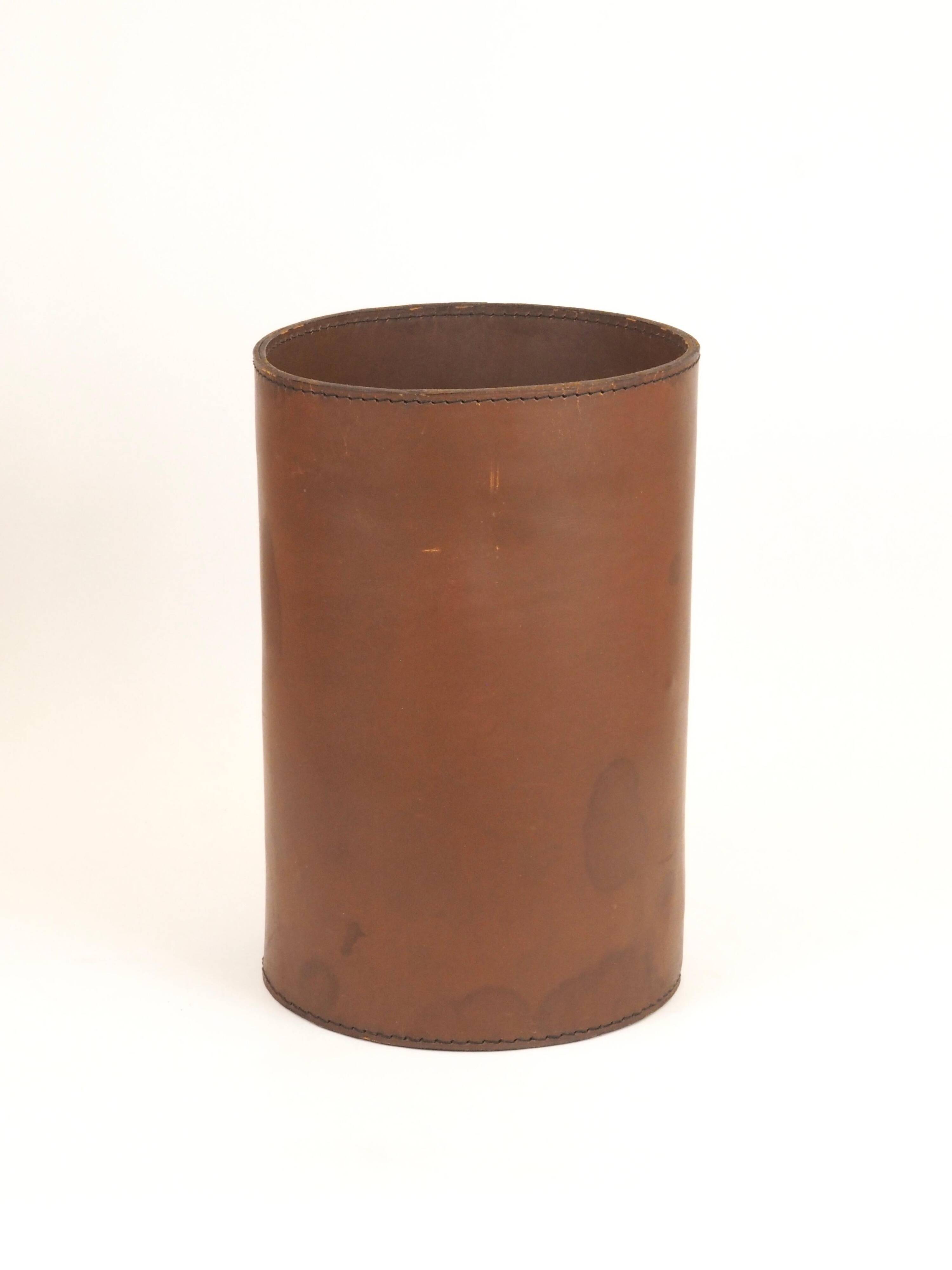 Authentic leather wastebasket/bin by Carl Auböck from the mid-20th century.