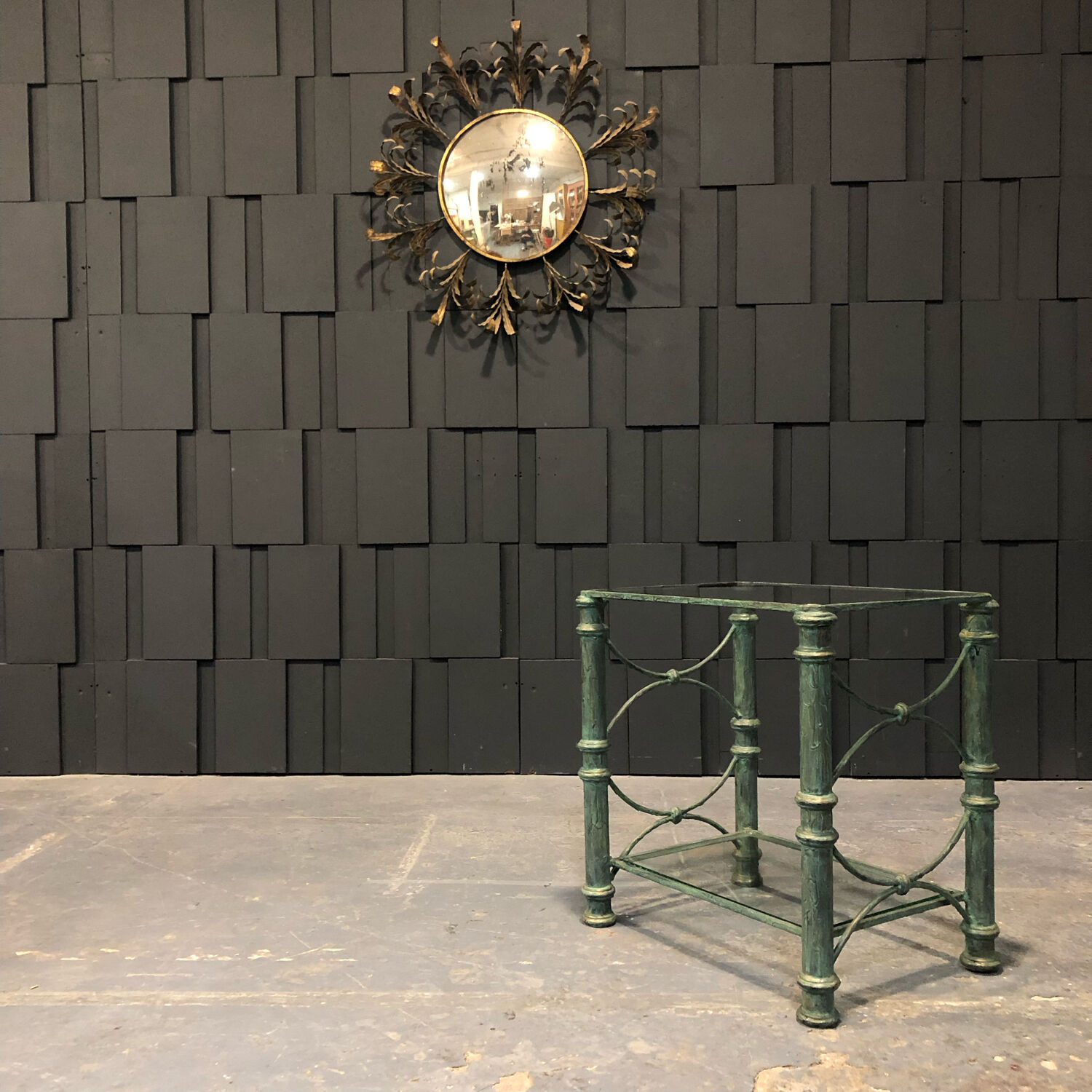 Iron and glass side table with antique patina