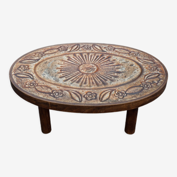 Table basse pierre de lave piétement bois table basse ovale vintage