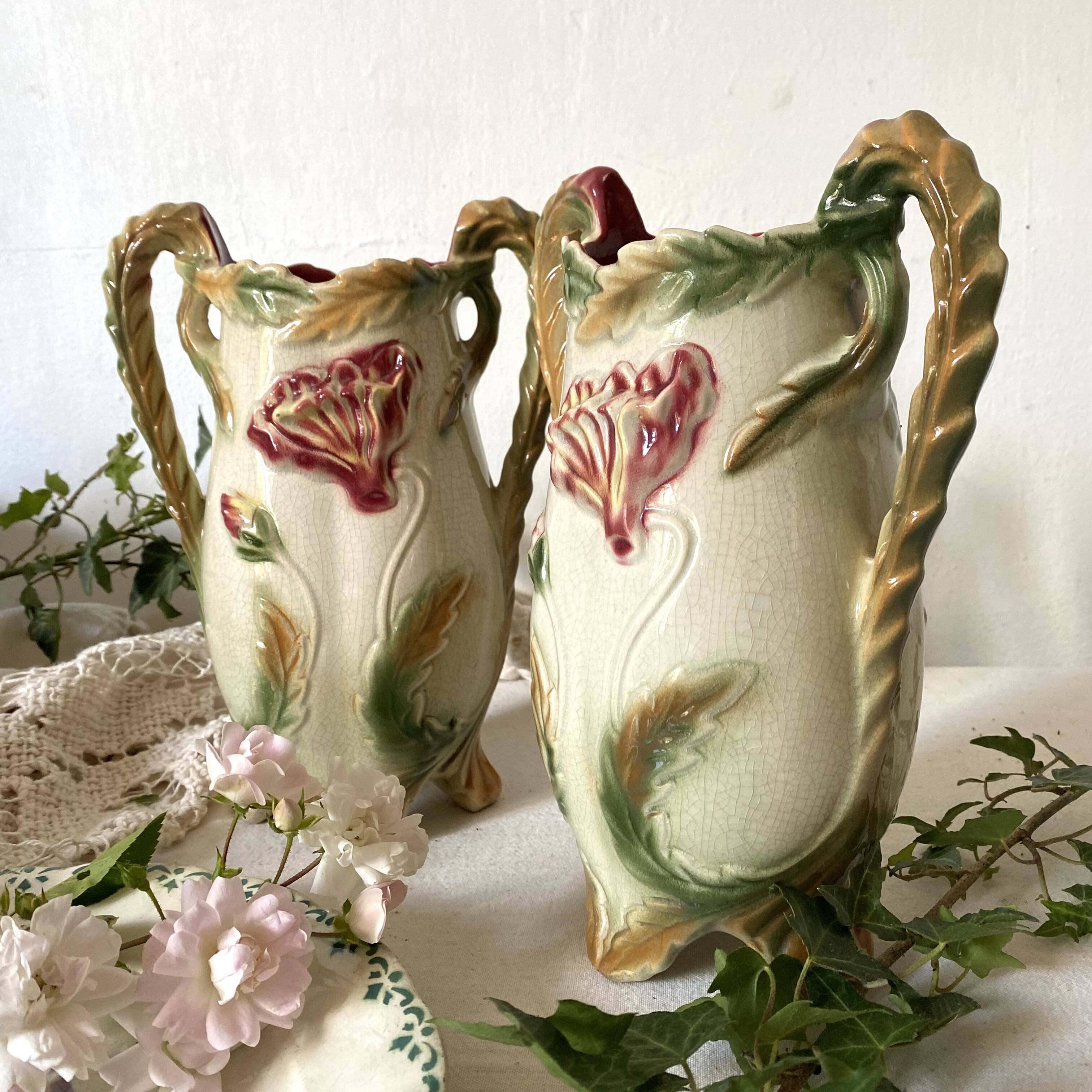 Pair of slipware vases, art nouveau fireplace decoration