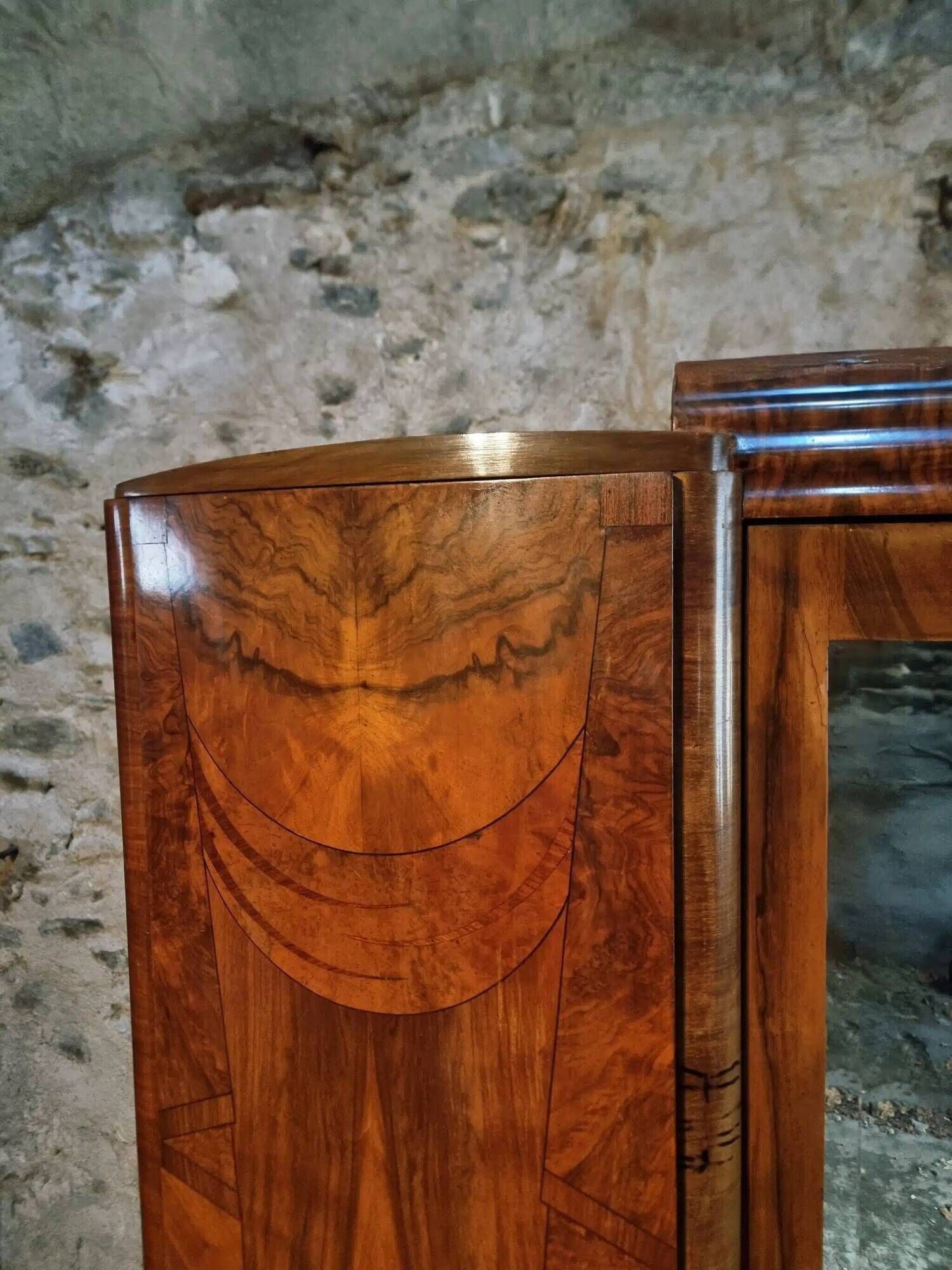 French Art Deco walnut wardrobe with mirror, 1930s