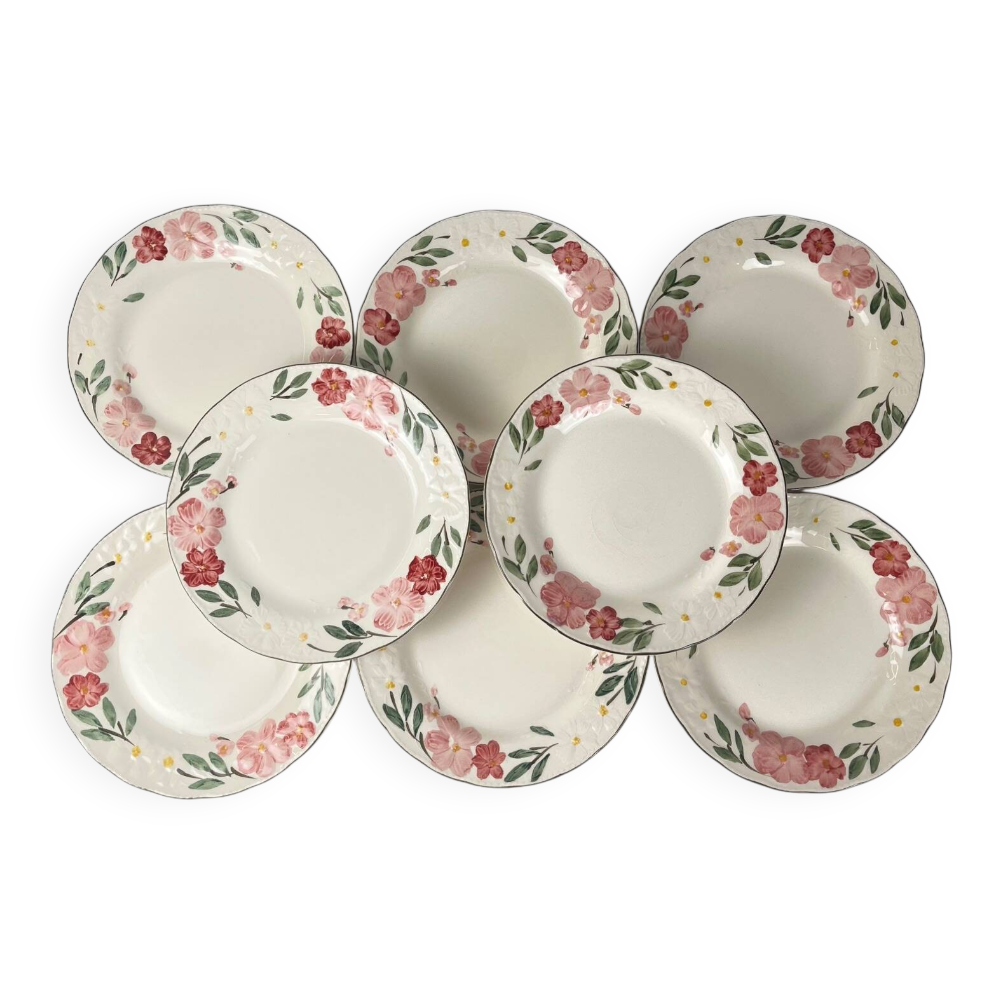 Set of 8 dessert plates: Cameo Florals Malaysia porcelain 1970–90