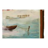 Peinture sur panneau vintage – « Motif bateau et maison »
