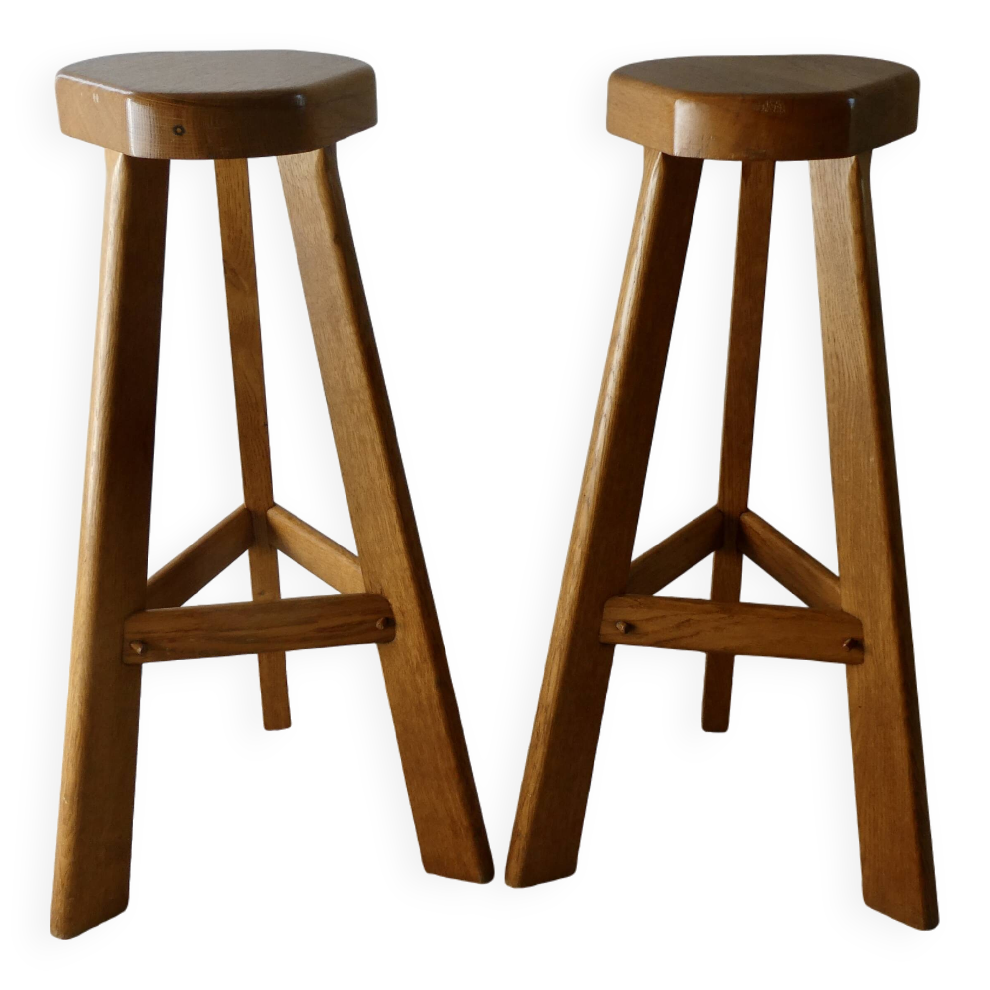 Pair of high bar stools, tripods, in solid wood