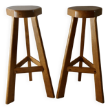 Pair of high bar stools, tripods, in solid wood