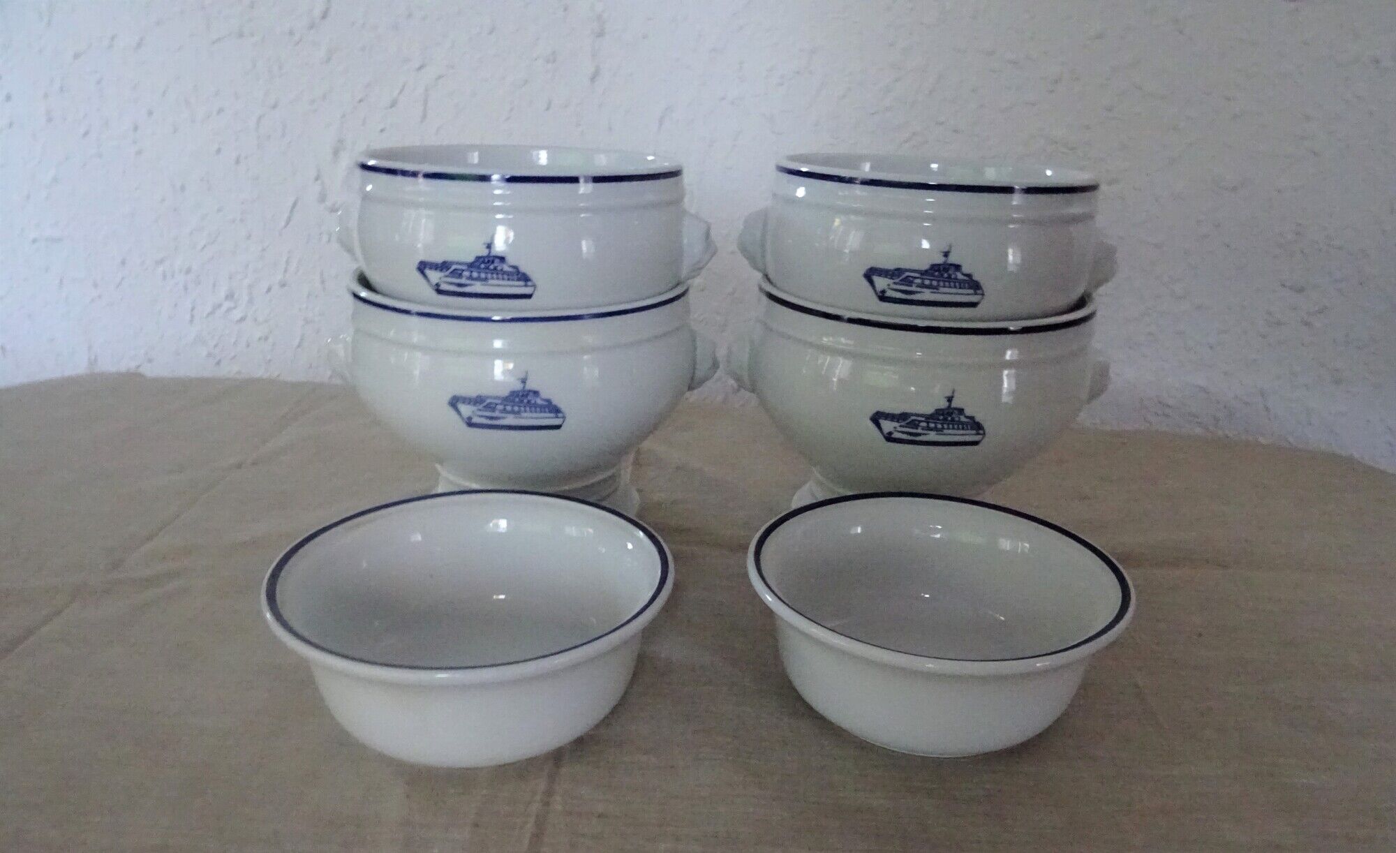 4 Large bowls salad bowls + 2 cups PILLIVUYT blue decoration boat G. CAOUDAL