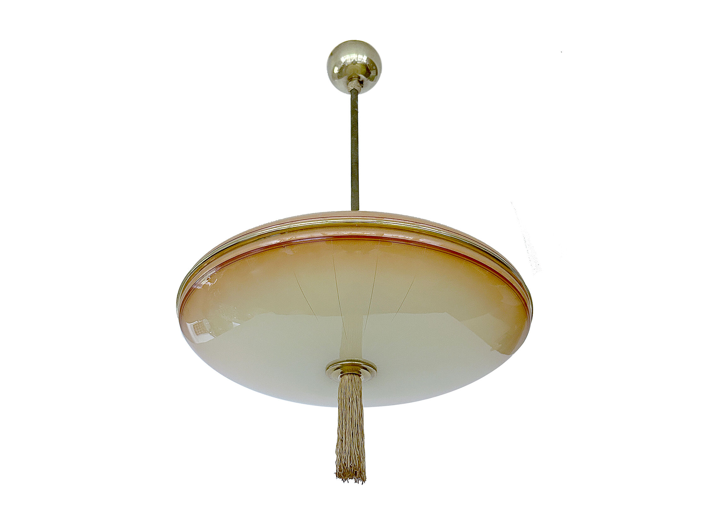 Vintage art deco pendant lamp, gradient glass, red beige, brass, 30 years