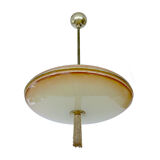 Vintage art deco pendant lamp, gradient glass, red beige, brass, 30 years