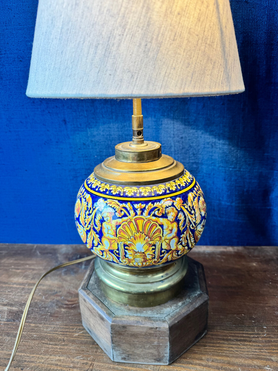 Gien lamp – blue earthenware and brass – early 20th century