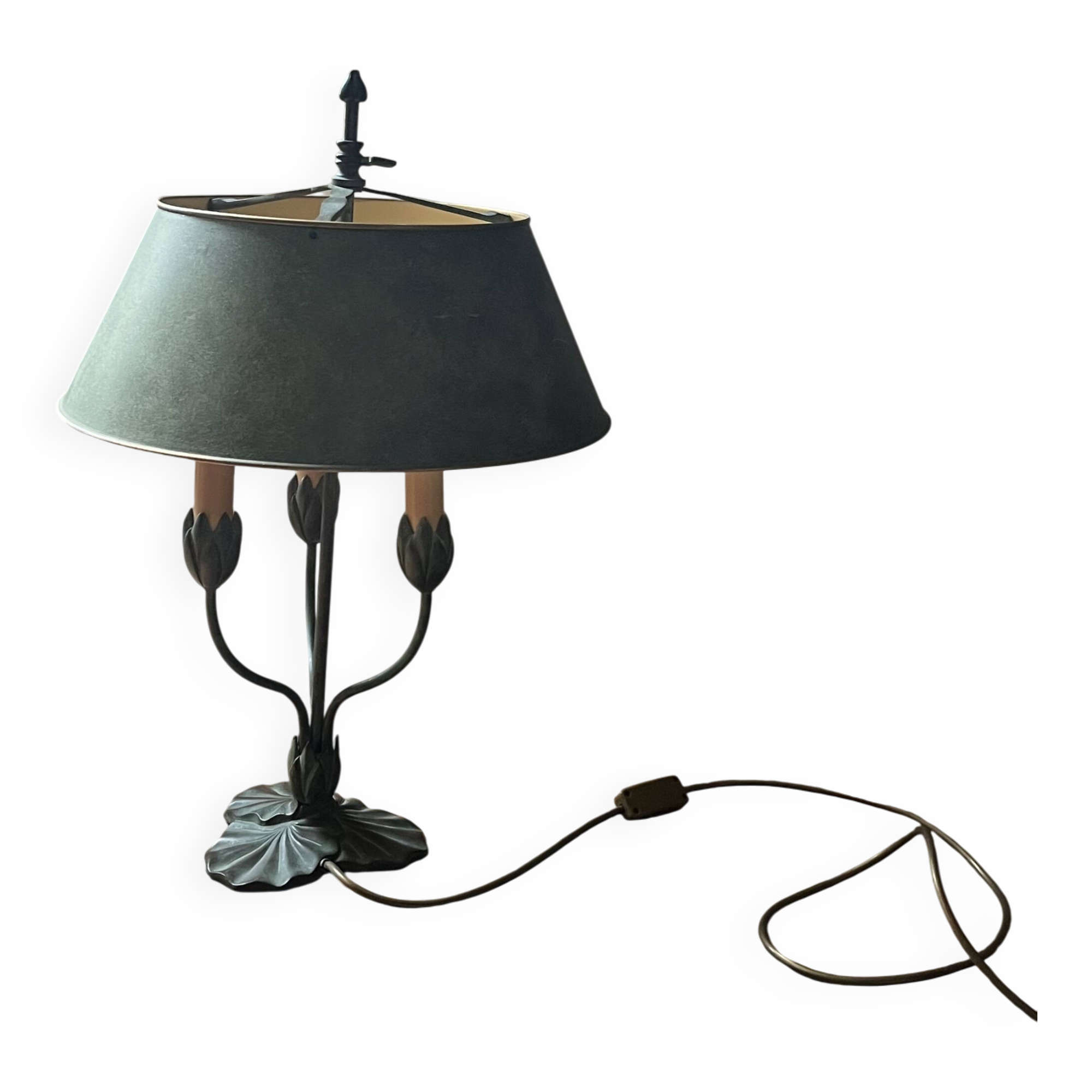 Lucien Gau tulip table lamp in patinated metal with green shade