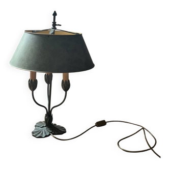 Lucien Gau tulip table lamp in patinated metal with green shade