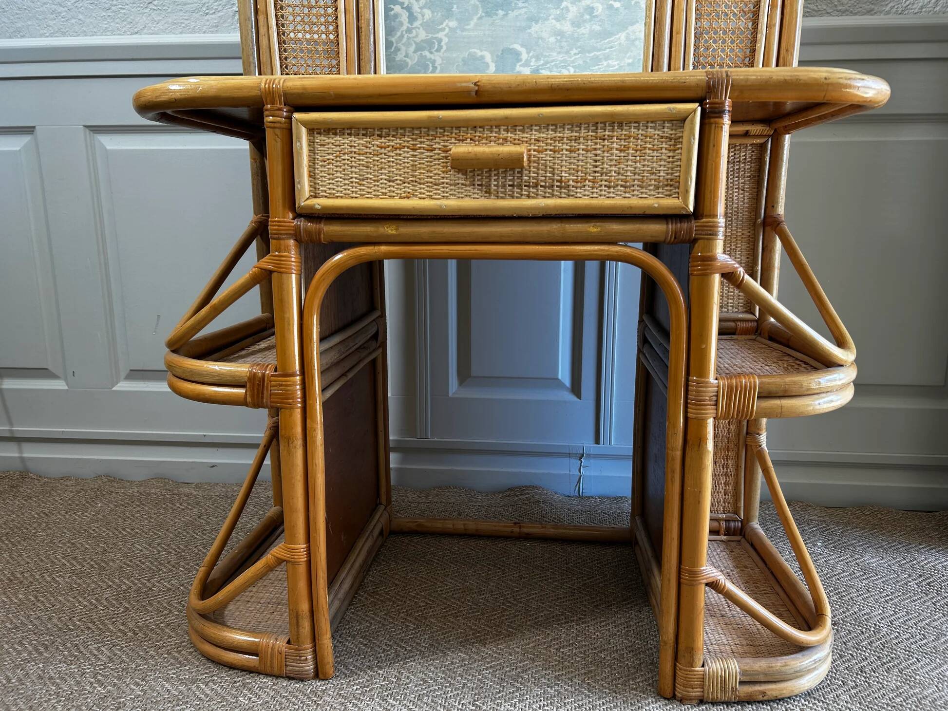 Bamboo and rattan vanity / dressing table with drawer and mirror, 1970s mid-century modern