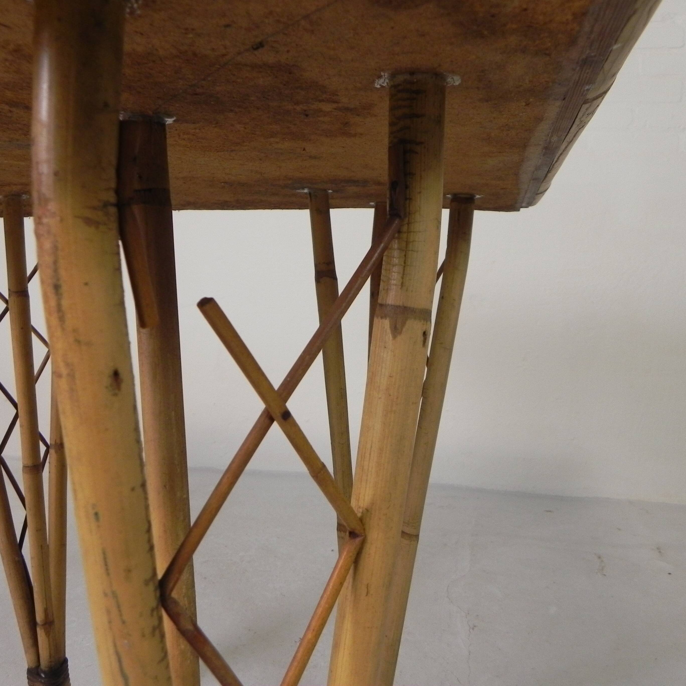 Vintage bamboo dining table with red, white and blue checks, 1950s