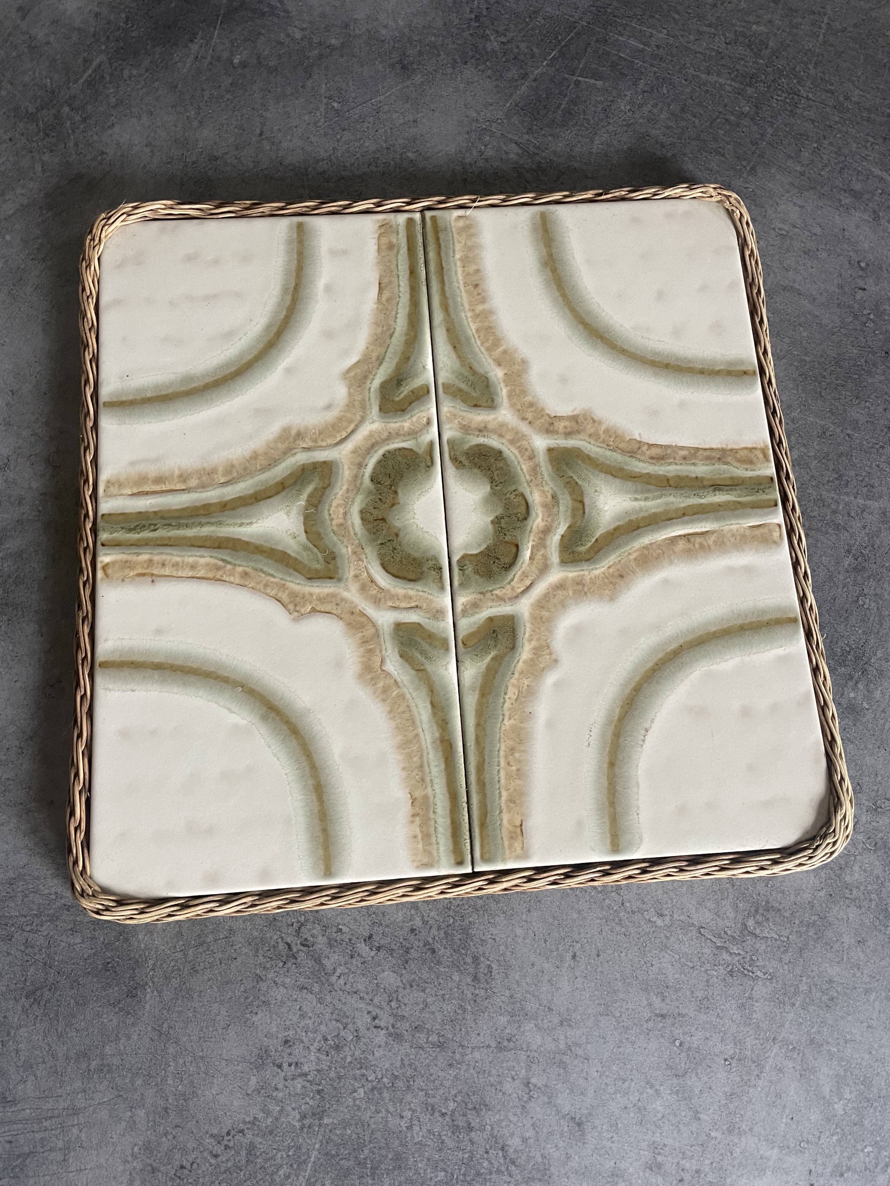 Ceramic tile trivet with vintage pattern woven wicker outline