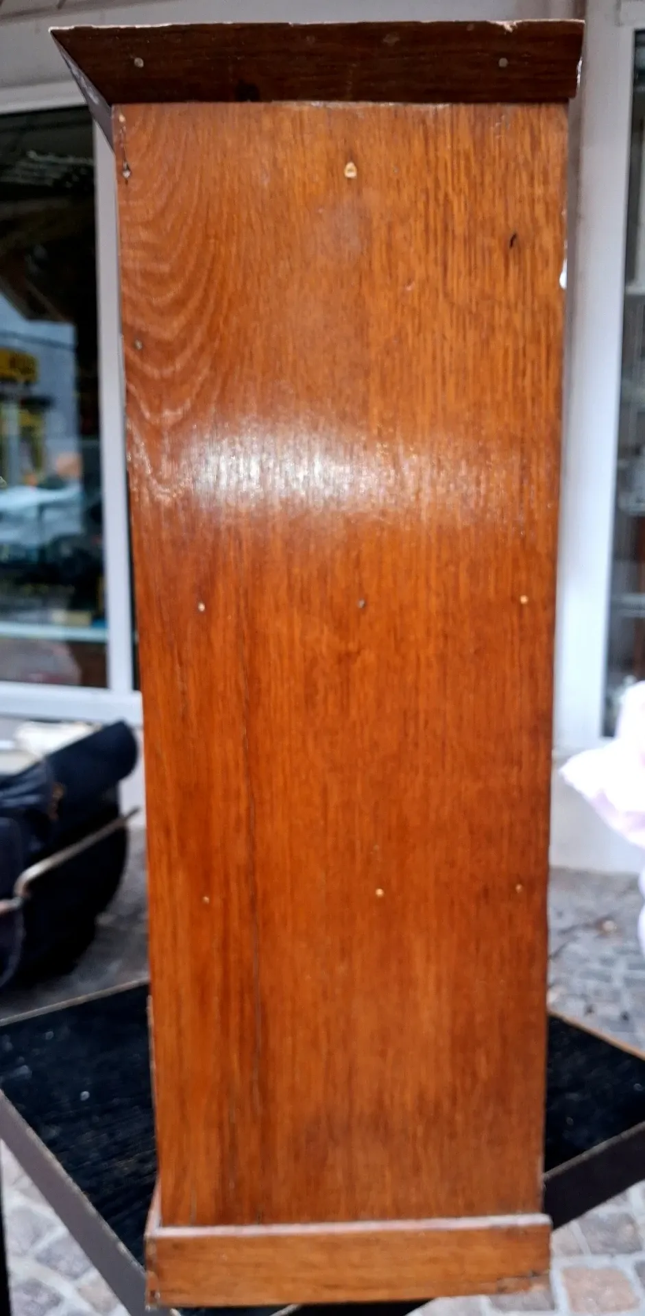 Vintage wooden wall display cabinet, chalet country design.