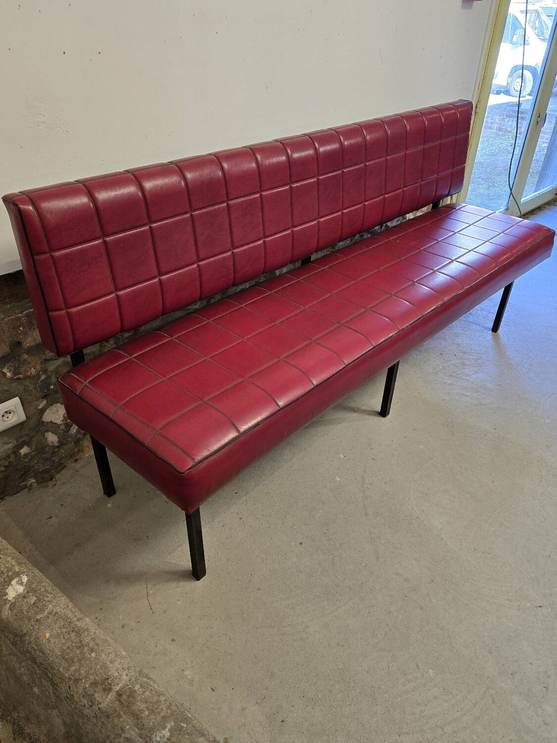1960s double bistro bench in buttoned burgundy red skai