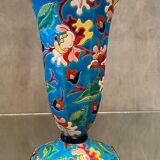 Faience cornet vase with floral decoration signed Emaux de Longwy