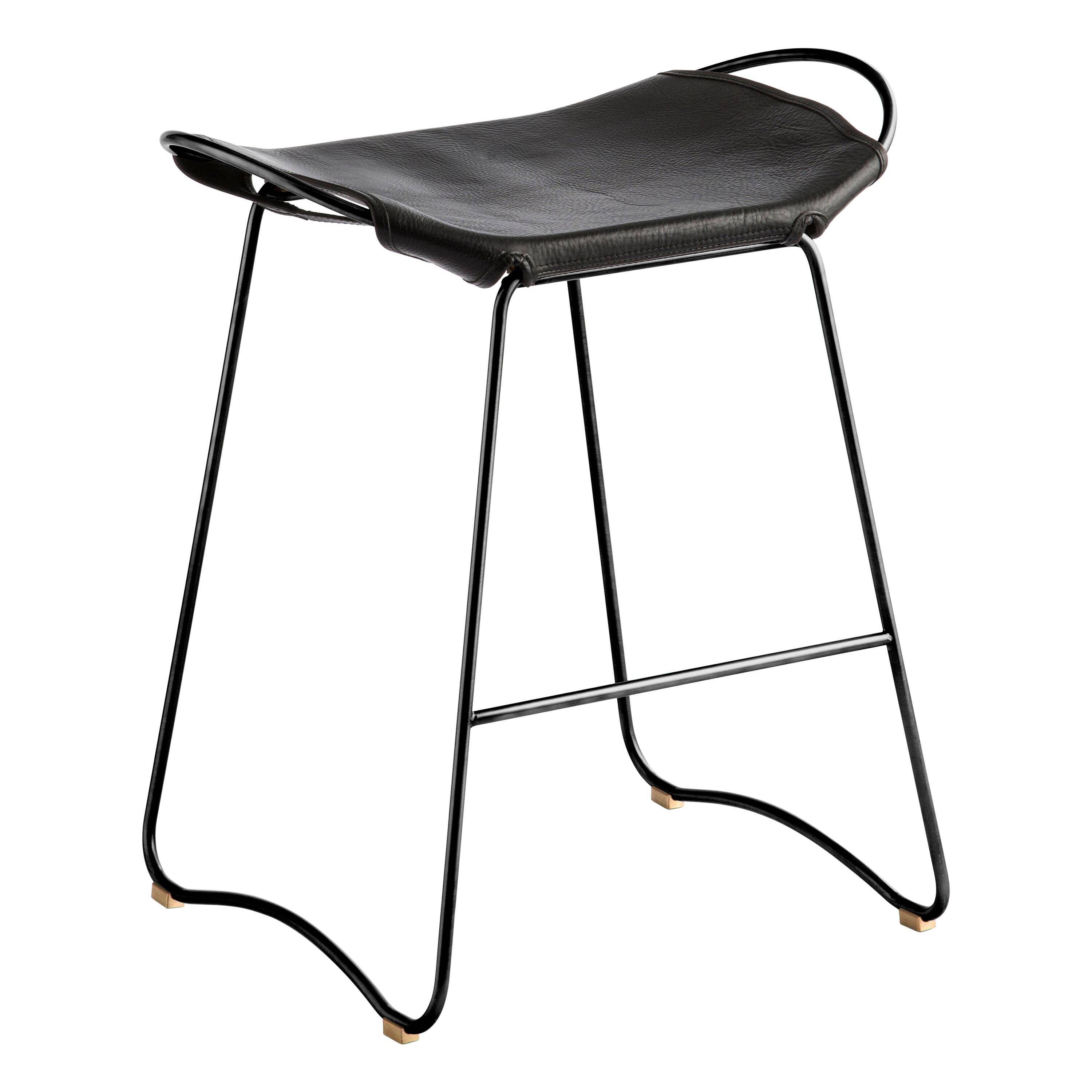 Contemporary sculptural bar stool, smoked black metal sample and black leather.